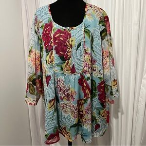 ULLA POPKEN Floral A Line Blouse Plus Size 28 / 30 Lightweight & Flowy Teal Blue